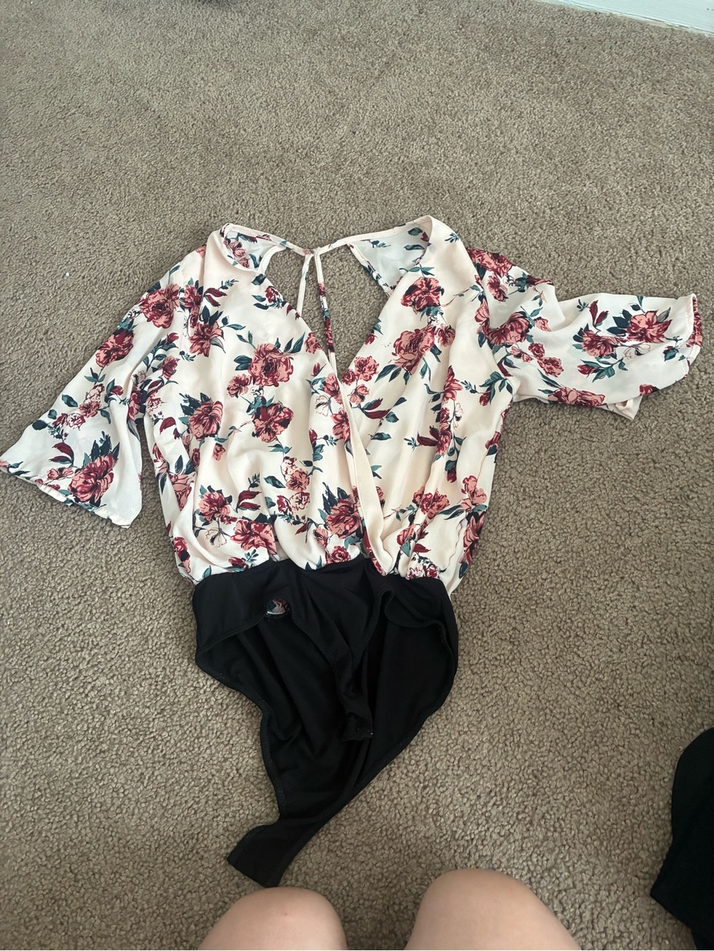 Charlotte Russe Cream Floral V-Neck Wrap Bodysuit with Black Bottom